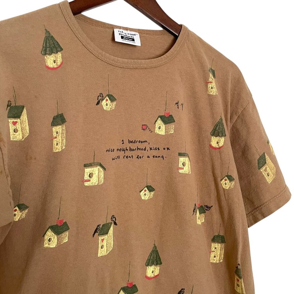 Vintage 90s Relevant Products Birdhouse T Shirt Large L Brown All Over Print